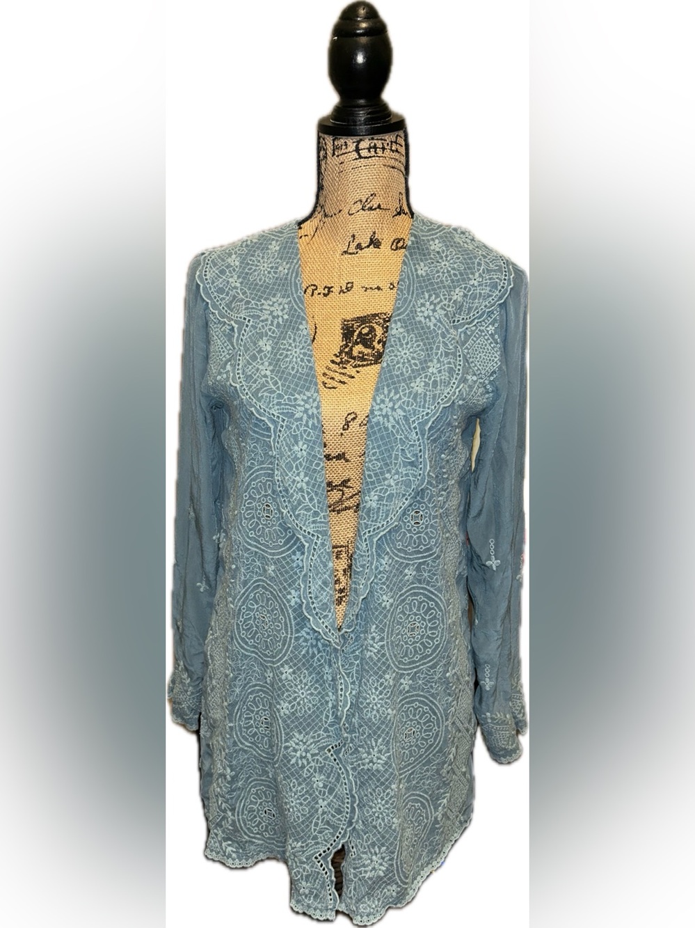 Johnny Was Light Teal Blue Lace-Embroidered Shawl Hood Scalloped Open Cardigan S - Picture 3 of 11